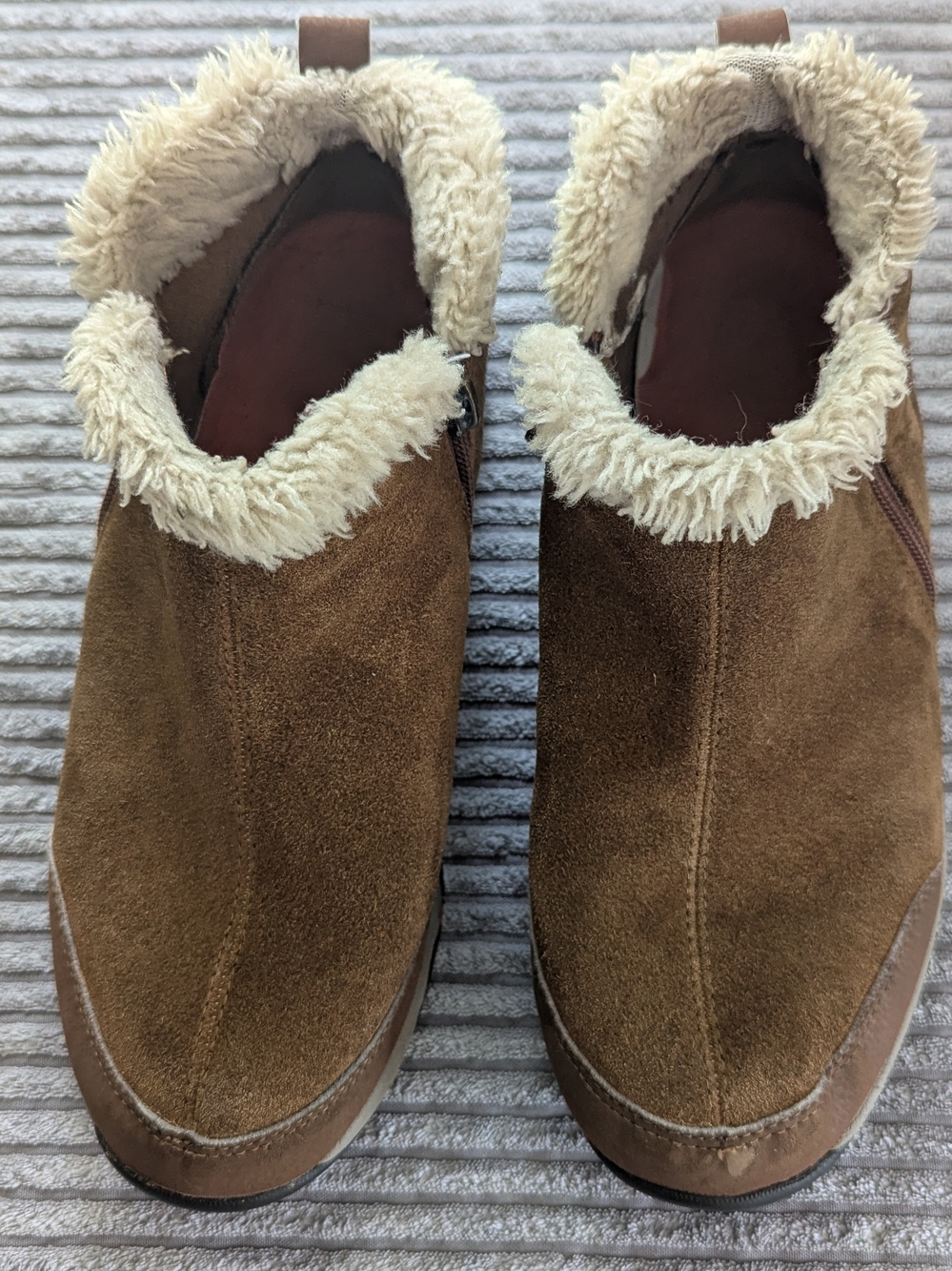 Espresso Women's Brown Suede Boots with Cream Faux Fur Trim
